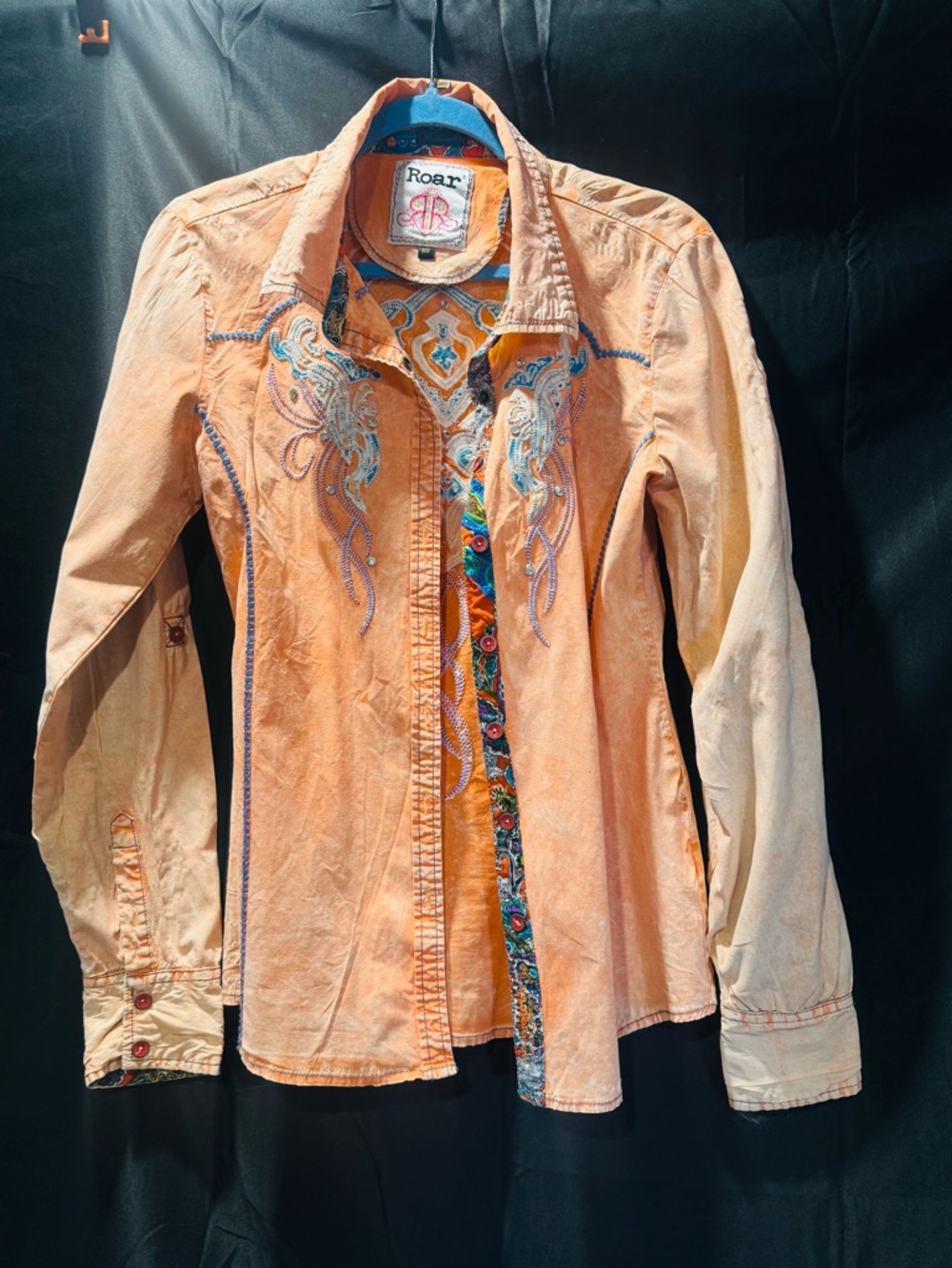 Roar Peach Embroidered Shirt with Blue Accents